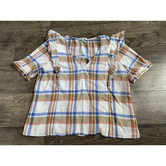 EUC Womens Madewell V Neck Shoulder Ruffle Top‎ In Plaid Short Sleeve Size L - Picture 3 of 10